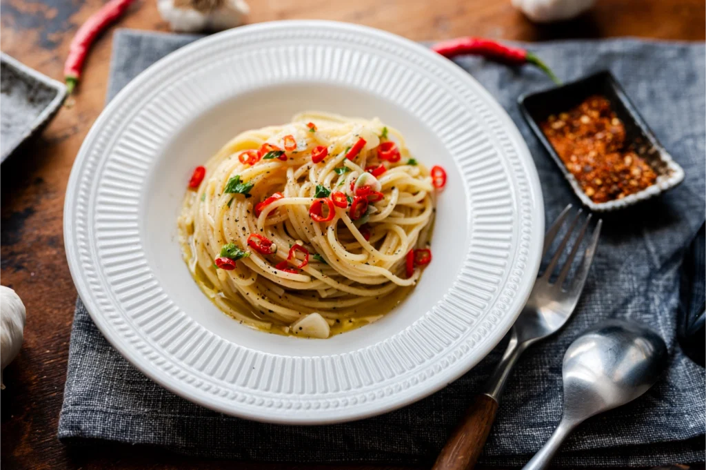 Spaghetti Aglio e Olio with garlic, chilli and Euthis Greek Extra Virgin Olive Oil