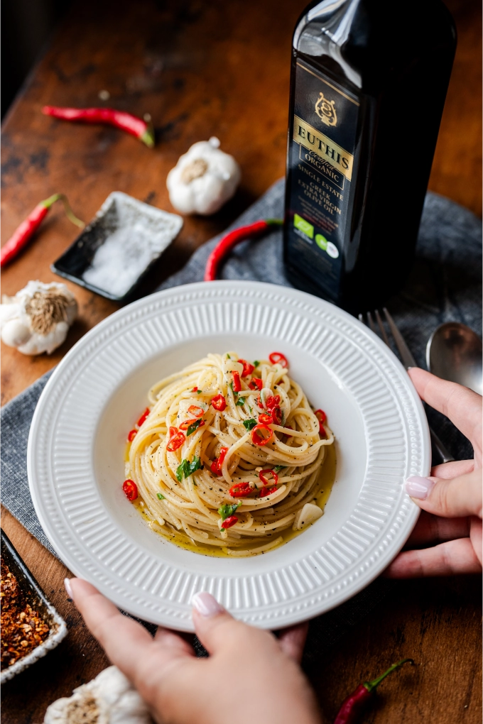 Spaghetti Aglio e Olio with chilli, garlic and Euthis Organic Extra Virgin Olive Oil